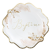 Assiettes Baptême Pampa Fleurs de Coton Bord Doré x8