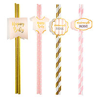 Pailles Baby Shower Etiquettes Rose et Doré x8