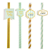 Pailles Baby Shower Etiquettes Vert et Doré x8